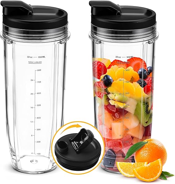 2Pcs Replacement 32oz Blender Cup with Sip & Seal Lid Compatible with Nutri Ninja BL450 BL454 Bl455 BL456 BL480 BL481 BL482 BL490 BL640 BL642 BL682 SS101 SS401 SS351 Nutri Ninja Auto IQ Series Blender | Food Grade Plastic Blender Cups, Great Sealing, for BL450 BL454 Bl455 BL456 BL480 BL481 Nutri Ninja Auto IQ Series Blender