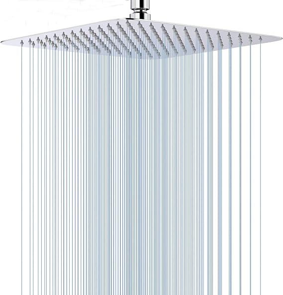 12 Inches Square Rain Shower Head Large Stainless Steel High Pressure Shower Head Ultra Thin Rainfall Bath Shower with Silicone Nozzle Easy to Clean and Install Chrome Shower Head
