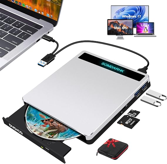 External DVD Drive for Laptop, Slim Aluminum CD Burner with Case | USB 3.0 Type-C External CD Drive for Windows PC with SD/TF Card Slot 2 USB Ports, Portable Optical Disc Player Writer for Mac