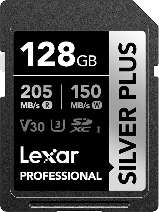 Lexar Professional Silver Plus SDXC UHS-I Card 128GB Memory Card | 205MB/s read speed with V30 video class and U3 rating for photography, 4K video and high-speed data transfer