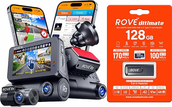 ROVE R3 3 Channel Dash Cam with 128GB Card, Front Rear and Cabin