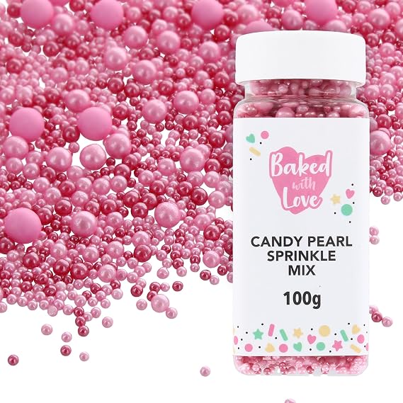 Baked with Love 100g Pink Candy Pearl Sprinkles | Edible Sugar Pearls, Resealable Bottle, Decorates 2 Cakes Or 24 Cupcakes, Assorted Sizes For Impact