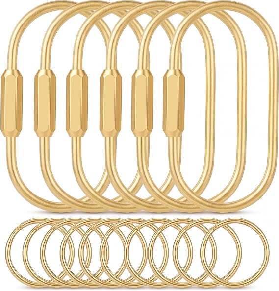 Tiezzi 6 Pack Gold Carabiner Key Ring Clips, Brass Screw Lock Keychain Holders and Bag Charm Holders for Handbags & Purses