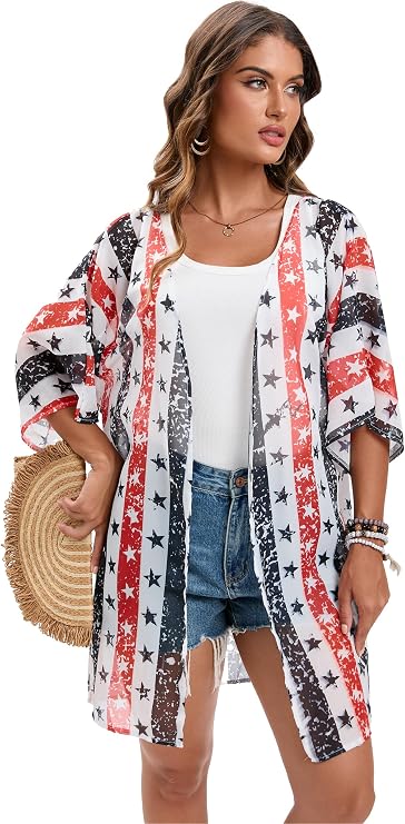 DDSOL Women's American Flag Kimono Cover up Beachwear Cardigan Loose Tops Shirt Blouse