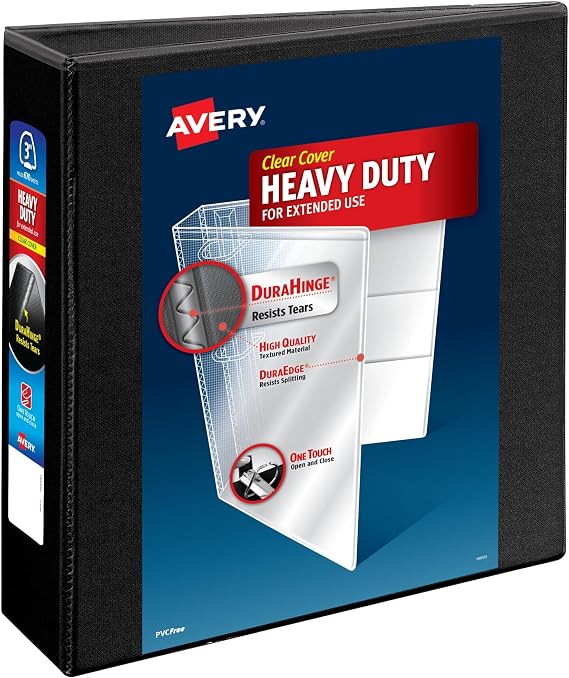 Avery Heavy-Duty View 3 Ring Binder, 3" EZD Rings, 1 Black Binder | For Heavy School, Home and Office Use, DuraHinge Tear-Resistant Spine, DuraEdge Split-Resistant Sides, Linen-Texture Finish