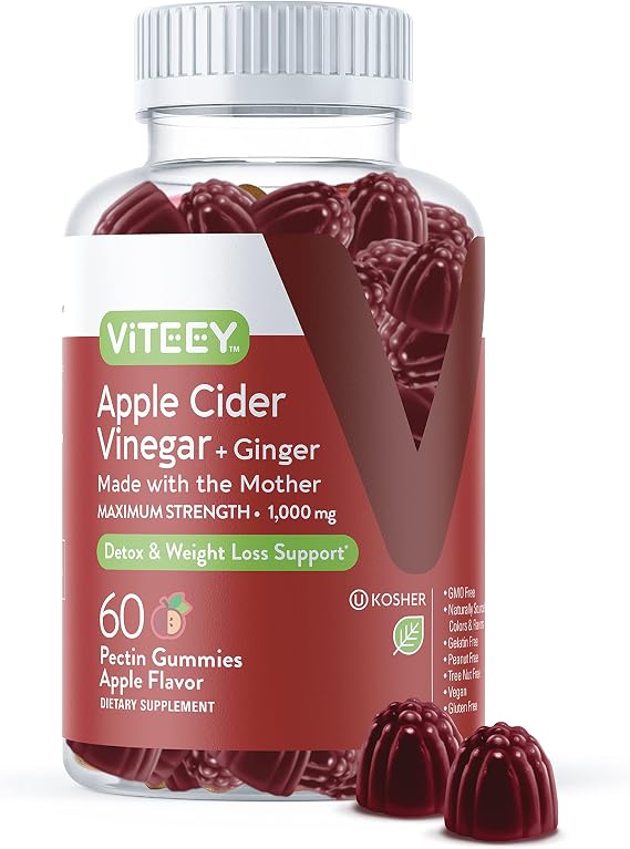 Viteey Apple Cider Vinegar Gummies with Ginger -1000mg - ACV Gummies | With mother - For Weight Loss, Detox and Digestion Vegan, Gluten-Free - 60 Count
