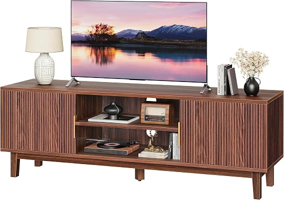 PRAISUN 54 Inch Fluted TV Stand for TVs Up to 55, 60 Inch, Mid Century Modern Entertainment Center with Storage, TV Console with Adjustable Shelves, Midea Console for Living Room Bedroom, Brown