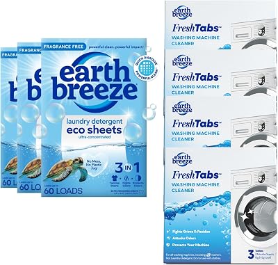 Earth Breeze Laundry Value Bundle - Fragrance-Free Detergent Sheets 180 Loads - Fresh Tabs Washing Machine Cleaner 12 Month Supply - Eco-Friendly Liquidless Laundry Sheets and Washer Cleaner Tablets