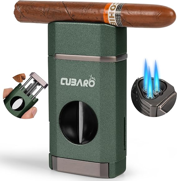 Cigar Lighter with V Cutter Triple Jet Torch Flame, Spring Lock Cutter, Flip Lid, Cigar Holder Refillable Butane Windproof Lighter Gift for Men Matte Green (NO Butane)