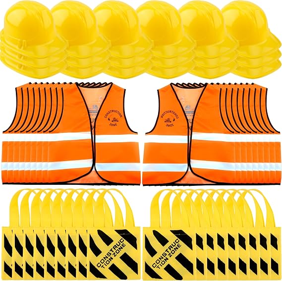 54 Pcs Kids Construction Party Dress Up 18 Construction Vest 18 Construction Hat 18 Pcs Tote Bag for Halloween