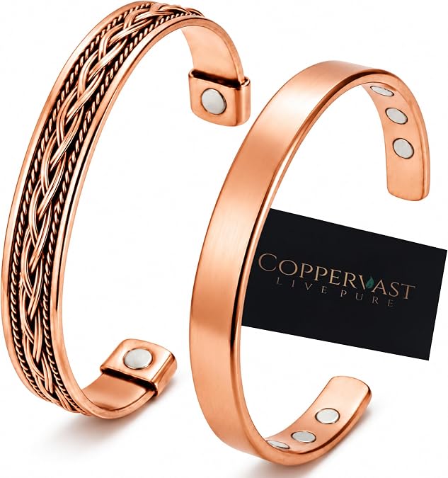 Copper Bracelet - Set of 2 | Men & Women | 100% Pure | Adjustable, Magnetic, Uncoated .