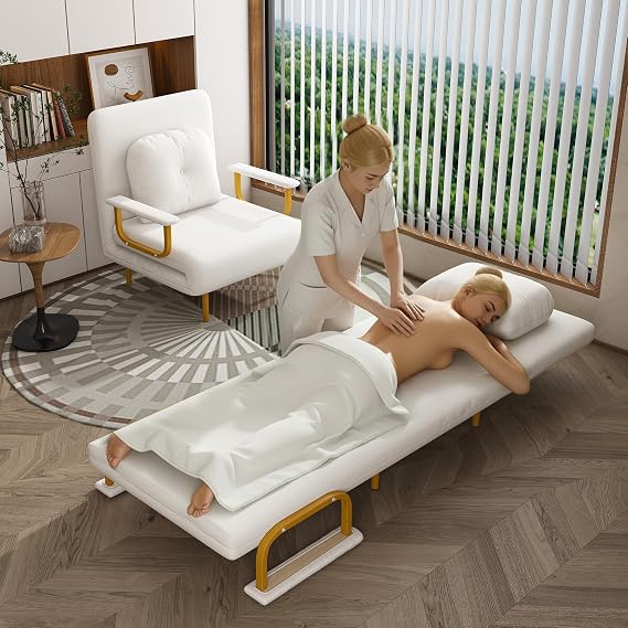 Folding Sofa Bed 3-in-1 Convertible Chair with Pillow Adjustable Folding Sleeper Chair with 5-Position Backrest, Space-Saving Single Bed for Small Spaces, Living Room, Office, White