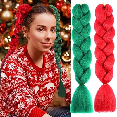 Red Green Braiding Hair Extensions for Women Ombre Jumbo 24 Inch High Temperature Synthetic Braiding Hair Pre stretched Fiber Hair Twist Crochet Braids for Christmas Cosplay Party Makeup 2 Pcs