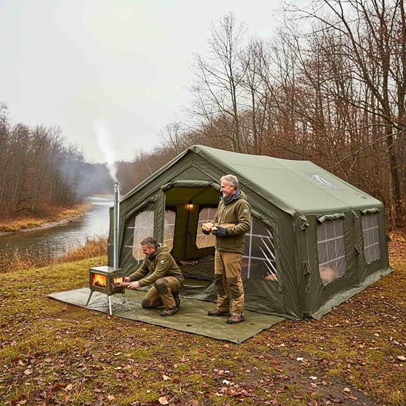 Coody Premium Inflatable Tent for Camping, Canvas Air Tent with Stove Jack | Blow Up Tent, Air Beam, Family Glamping, Breathable TC Cotton, Fast Setup, Pump Included, Multiple Sizes & Colors