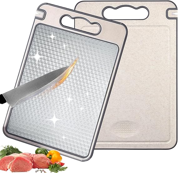 Cutting Board for Kitchen Double Sided 304 Stainless Steel, can Separately Handle Meat, Vegetables，Built-in Professional Anti Slip Bottom and Raised Edge, in case of Juice Leakage During Placement