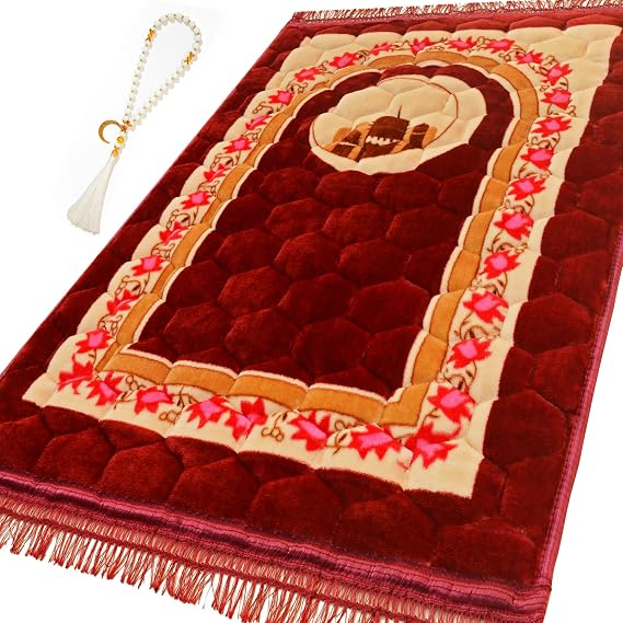 Prayer Rug Muslim Prayer Mat Islamic - Very Thick Prayer Rug Sajadah for Men Women with Islam Prayer Beads Soft and Luxury (Red)