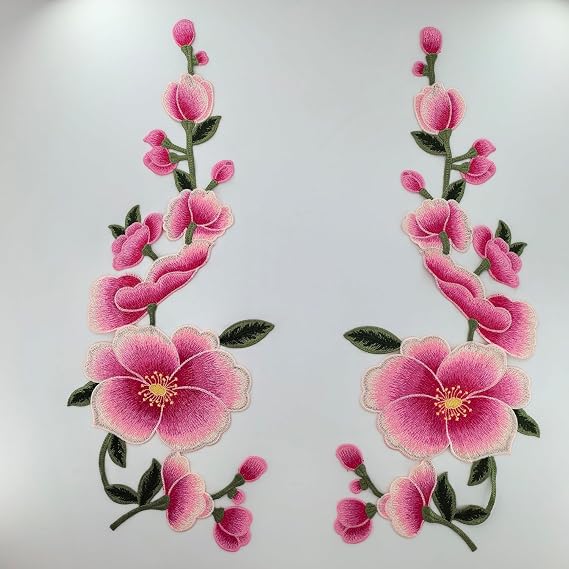 One Pair Floral Embroidered Appliques, Flower Patches for Sewing Craft Decoration, DIY Use on Clothes, Hats & Bags (Pink Rosemallow)