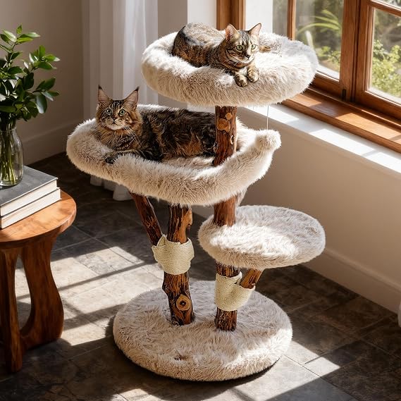 Sopapets Maine Coon Cat Tree for Large Cats, Solid Wood Cat Tower with Removable Cushions and Sisal Scratching Posts, Modern Boho Aesthetic Cat Furniture