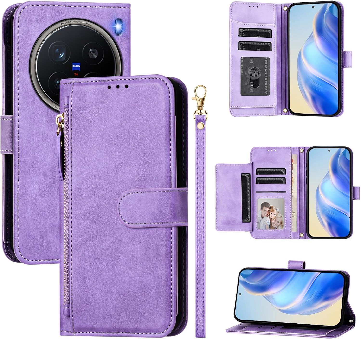Compatible with Vivo X200 Pro case,Compatible with Vivo X200 Pro 5G V2413 Magnetic Closure Flip Stand Card Slot Wallet Zipper Lanyard Phone Case Cover PT12 Purple