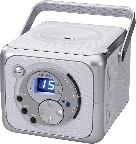 Jensen FM Stereo CD555 Bluetooth Boombox, Silver, 7.00 x 9.75 x 6.00 inches