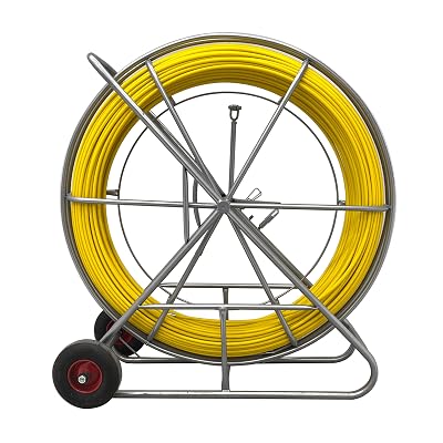 TECHTONGDA Fish Tape Fiberglass Wire Cable Running Rod Duct Rodder Fishtape Puller with Wooden Cage and Wheel Stand 12mm 820ft