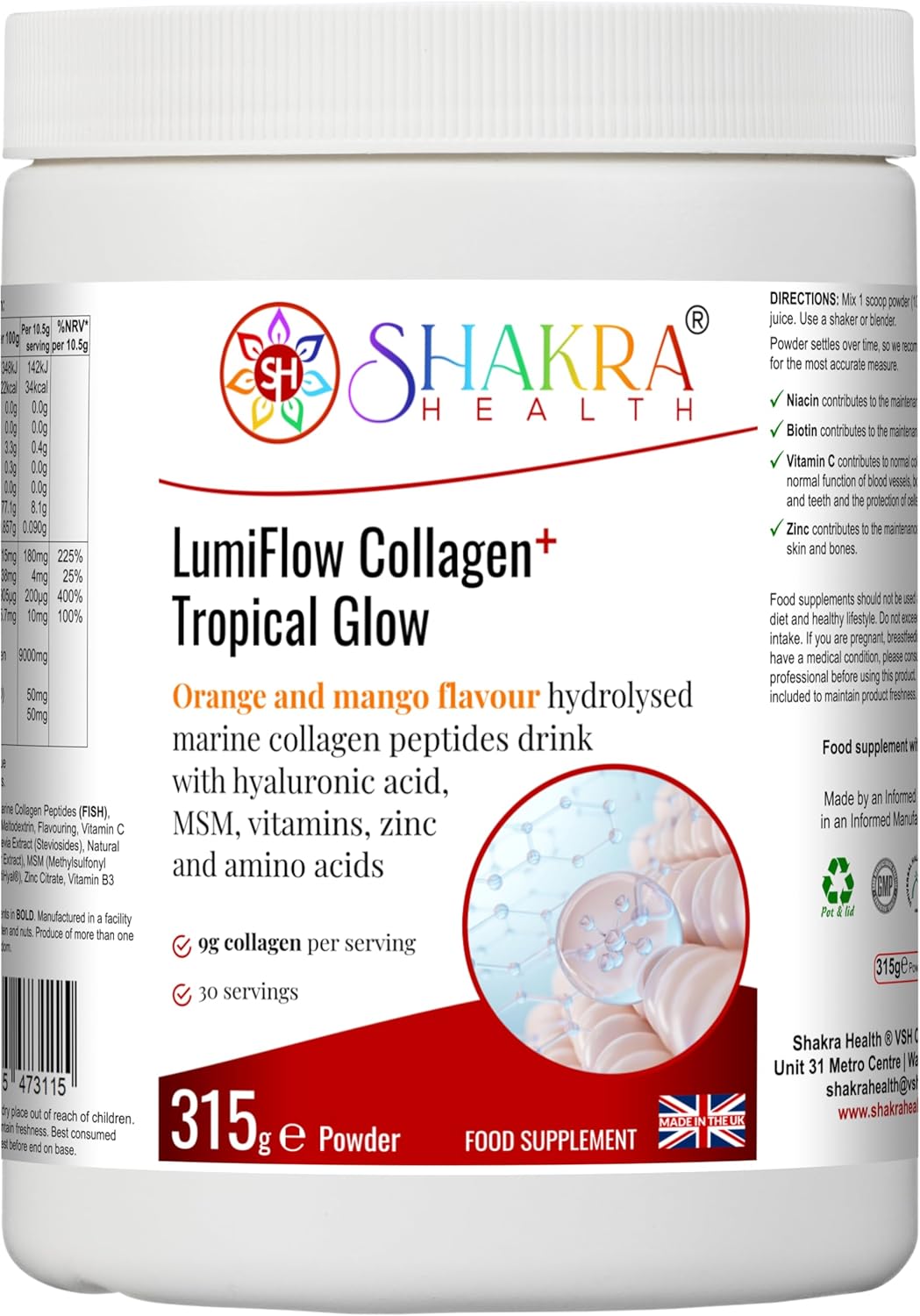 LumiFlow Collagen Tropical Glow | High-Strength Marine Collagen Powder with Hyaluronic Acid, Vitamins &amp; Zinc | Delicious Orange &amp; Mango Flavour, Hydrolysed Peptides for a Radiant Glow, 315g.