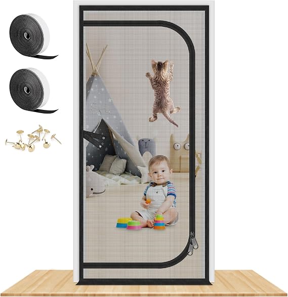 Reinforced Cat Screen Door with Two Way Zipper Fits Door Size 30''x 80'' | Heavy Duty Pets Proof Screen Door, Prevent Dogs Cats Running Out from Home, Bedroom, Living Room, Kitchen Patio Door