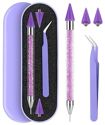 Tatuo Rhinestone Picker Tool Set Wax Pen for Rhinestones Diamond Art Painting Dual Head Dotting Pen with 2 Extra Wax Tips and 1 Nail Art Tweezer for Nail Art DIY Crafts Purple