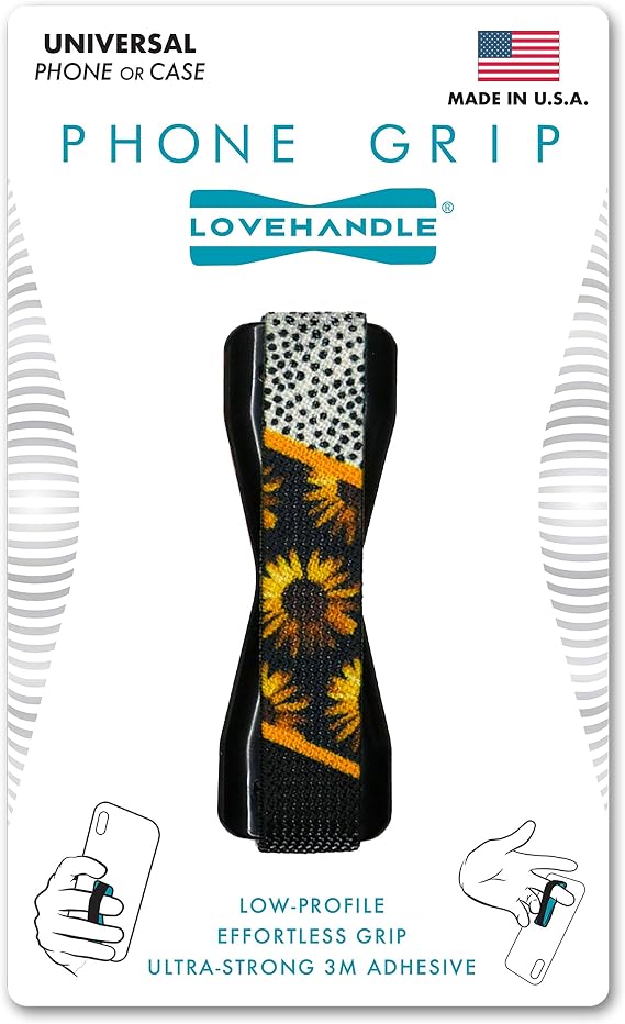 LOVEHANDLE Universal Phone Grip for Smartphones & Mini Tablets - Phone Holder for Hand - Wireless Charging Compatible - Made in The USA - Sunflower Chic
