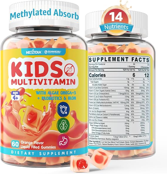 Kids Multivitamin Gummies with Iron, Sugar Free Kids 4+ Methylated Vitamins