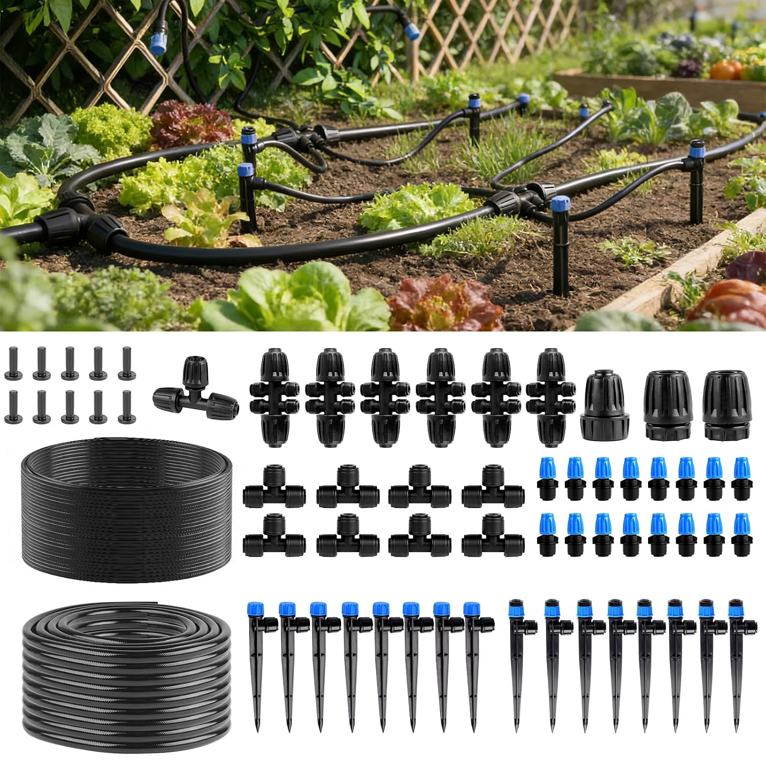 230FT Quick-Connect Drip Irrigation System Kit, Automatic Garden Watering with 1/4" & 1/2" Fast-Lock Tubing, Adjustable Nozzles & Sprinklers