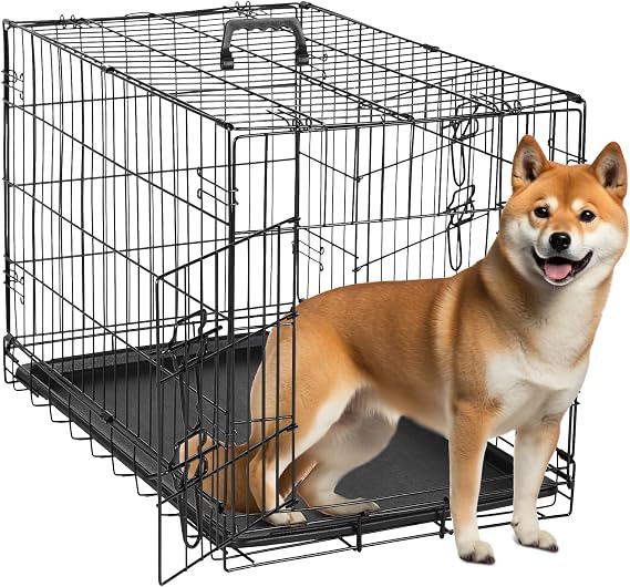 30-Inch Foldable Metal Wire Dog Crate, Collapsible Double Door Dog Crate with Removable Leak-Proof Pan, Divider Dogs Crate with Handle, Black
