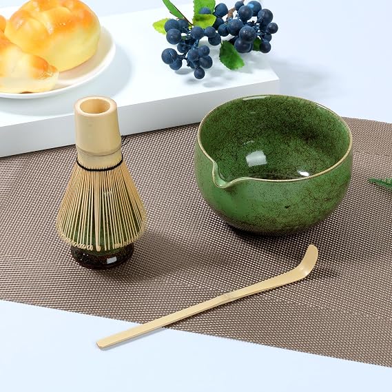 4Pcs Matcha Whisk Set Elegant Japanese Matcha Tea Set Matcha Making Kit with 500ml Ceramic Matcha Bowl Matcha Whisk Holder Bamboo Matcha Whisk and Matcha Scoop for Tea Lovers (Green)