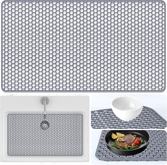 Sink Protectors Mat - 28.3"x15.55" Kitchen Sink Pad for Bottom of Basin for Protection of Stainless Steel and Tableware, Farmhouse Rubber Basin Mat Protector - Light Gray