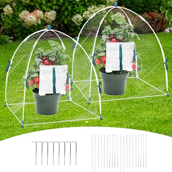 2 PCS Plant Covers Freeze Protection,24" x 24" x 23" Plant Winter Snow and Ice Covers with 4 Fixed Nails,Reusable Anti-Freeze Cloth for Outdoors Potted(Transparent)