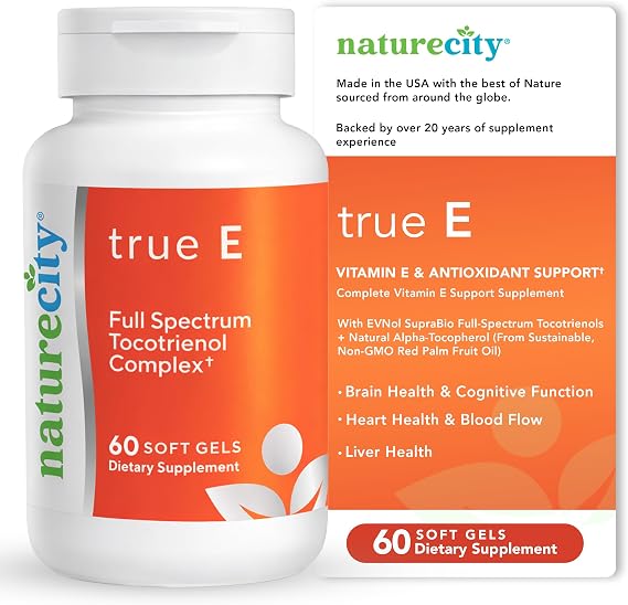 NatureCity True-E Full Spectrum Tocotrienols Vitamin E & Natural Alpha Tocopherol Supplement | Sustainable Vitamin E Tocotrienols from Evnol Suprabio | Non-GMO Vitamin E Complex | 60 Soft gels
