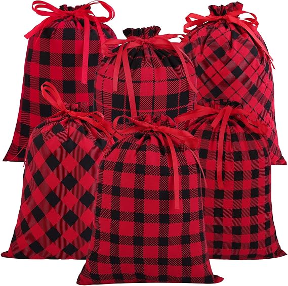 Aneco 6 Pack Cotton Drawstring Bag Sack Present Xmas Gift Cotton Christmas Bags Party Stocking Storage Buffalo Plaid Bags, 15.5 by 11.8 Inches