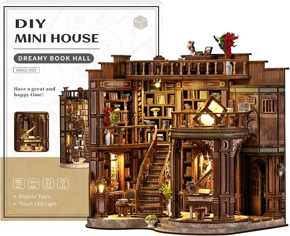 DIY Miniature Dollhouse Book Nook Kit, 3D Wooden Puzzle Craft Kits with Light, Tiny House Bookshelf Decor Model Building for Adults, Holiday&Birthday Gifts for Family,Friends,Book Lovers