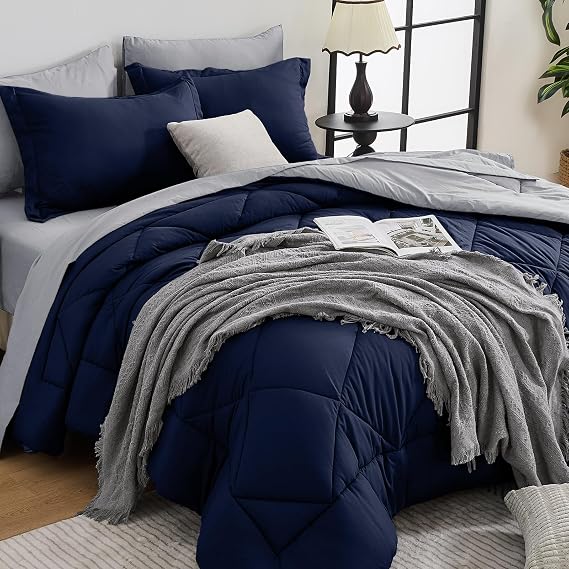 HEVUMYI 7-Piece Queen Comforter Set, Navy Blue & Grey Bed in a Bag
