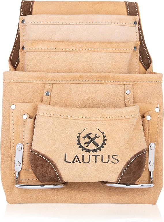 LAUTUS Leather Tool Pouch Bag |Carpenter, Construction, Framers, Handyman |2 Hammer Holders, 10 Pockets|