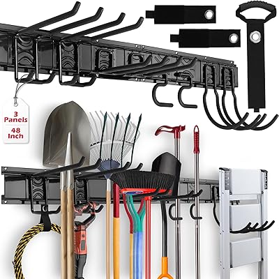 SEDY 48 Heavy Duty Garage Wall Organizer, Wall Mount Tool Storage Rack with Adjustable Hooks, Garden Tool Organizer Hold Up to 300lbs, Easy Installation 3 Panels, 8 Hooks, 3 Straps