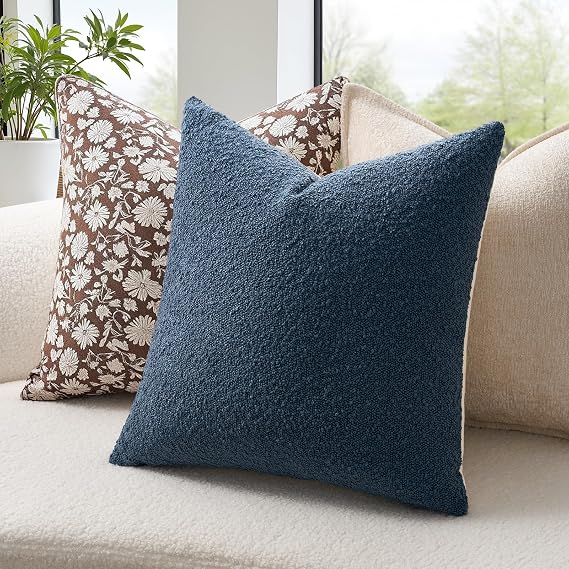 Topfinel Contrast Color Boucle Decorative Pillow Covers 18x18 Set of 4 Neutral Blue Dual-Texture Design with Soft Linen Cotton Back for Living Room & Couch Chair Sofa Modern Home Decor