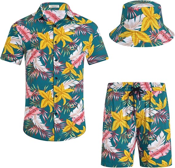 EISHOPEER Men's Flower Hawaiian Sets Casual Short Sleeve Shirt and Shorts Suits Outfits with Bucket Hats