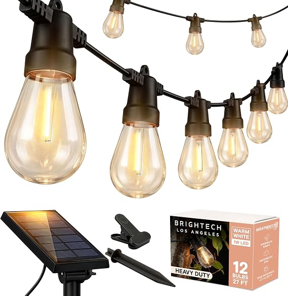 Brightech Ambience Pro Solar Powered Outdoor String Lights - Commercial Grade Patio Lights with 27 Ft Edison Bulbs - Shatterproof LED Solar String Lights - 1W LED, Warm White Light