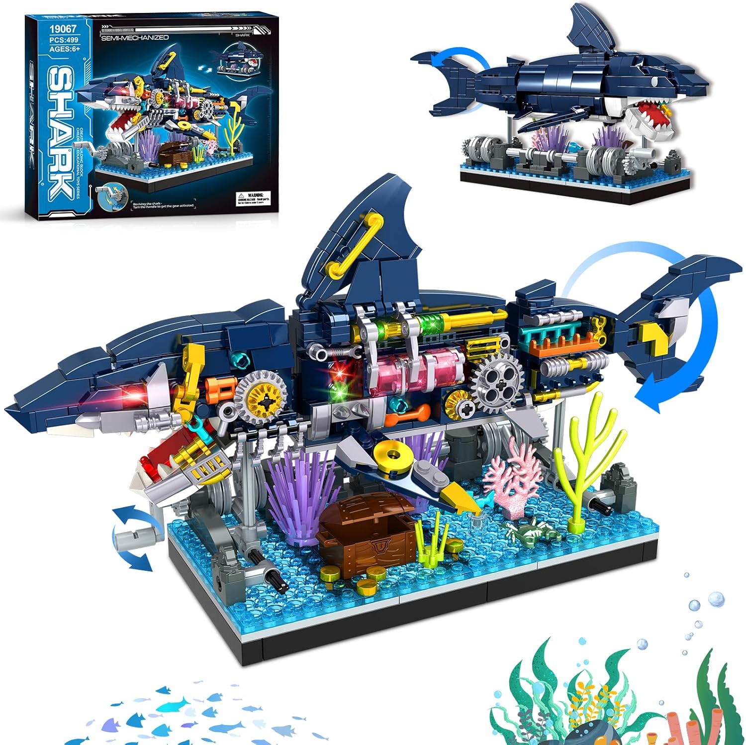 Shark Building Block Set, Mechanical Rotatable Animal Shark Toys, Birthday Gift for Kids Boys Girls Ages 6-12