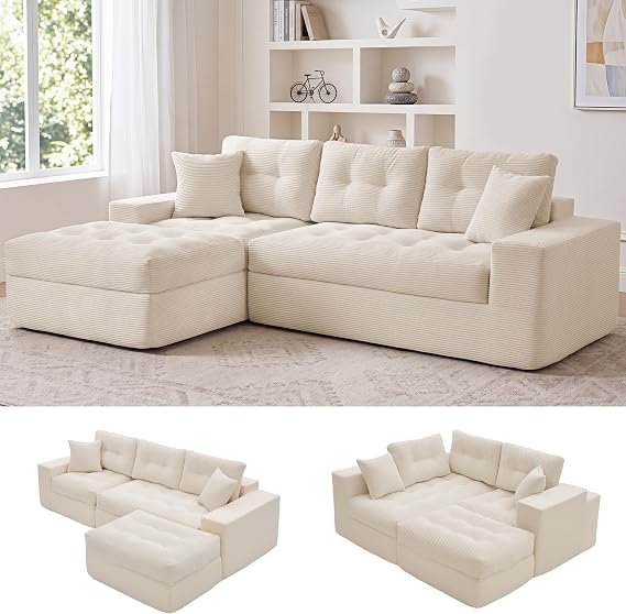 100" L Shaped Cloud Couch with Ottoman, Boneless Couches for Living Room