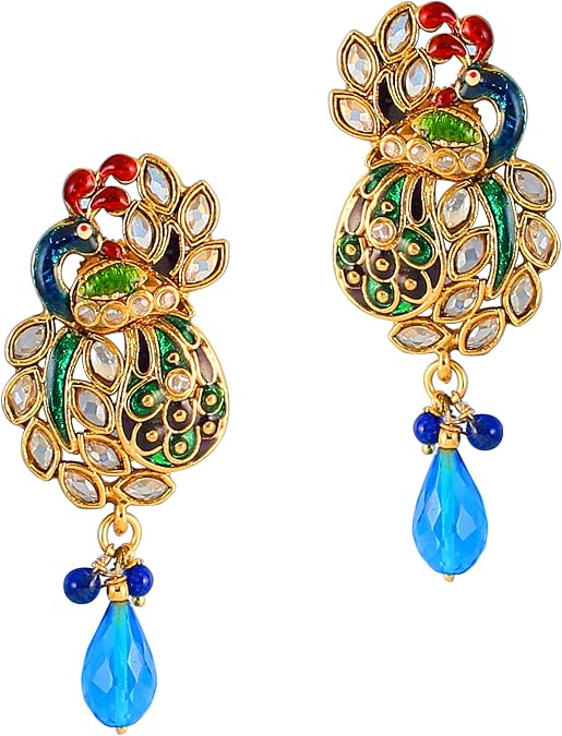 Touchstone Indian Bollywood Traditional Handcrafted Designer Crystal Jewelry Colorful Long Earrings Jhumki in Gold Or White Tone for Women.