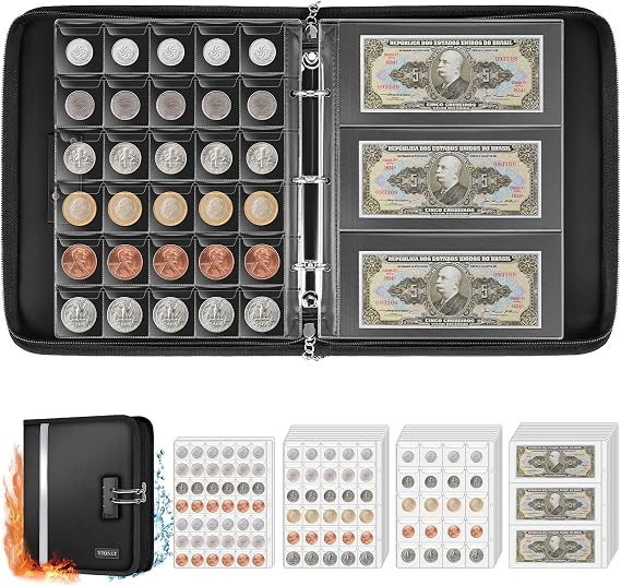 Coin Collection Book Holder for Collectors, Coin Collection Supplies Binder | Fireproof, 484 Pockets & 36 Currency Storage, Lockable, Coin Book Album Organizer Coins Collector Gifts for Bill Penny, Black