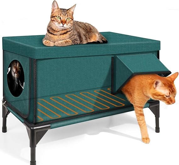 高架ベース加熱キャットハウス、2つの出口付き断熱屋外猫シェルター、安全な避難ドアと磁気ロック付き冬屋外用キャットハウス、耐候性、野良納屋猫用 malachite green S
