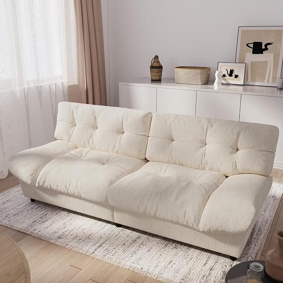 80" Armless Cloud Couch Loveseat, Chenille Deep Seat Sofa with Gently Raised Ends, Comfy 2-Seater Couch for Lounging & Napping, Small Space Apartment Sofa, Beige